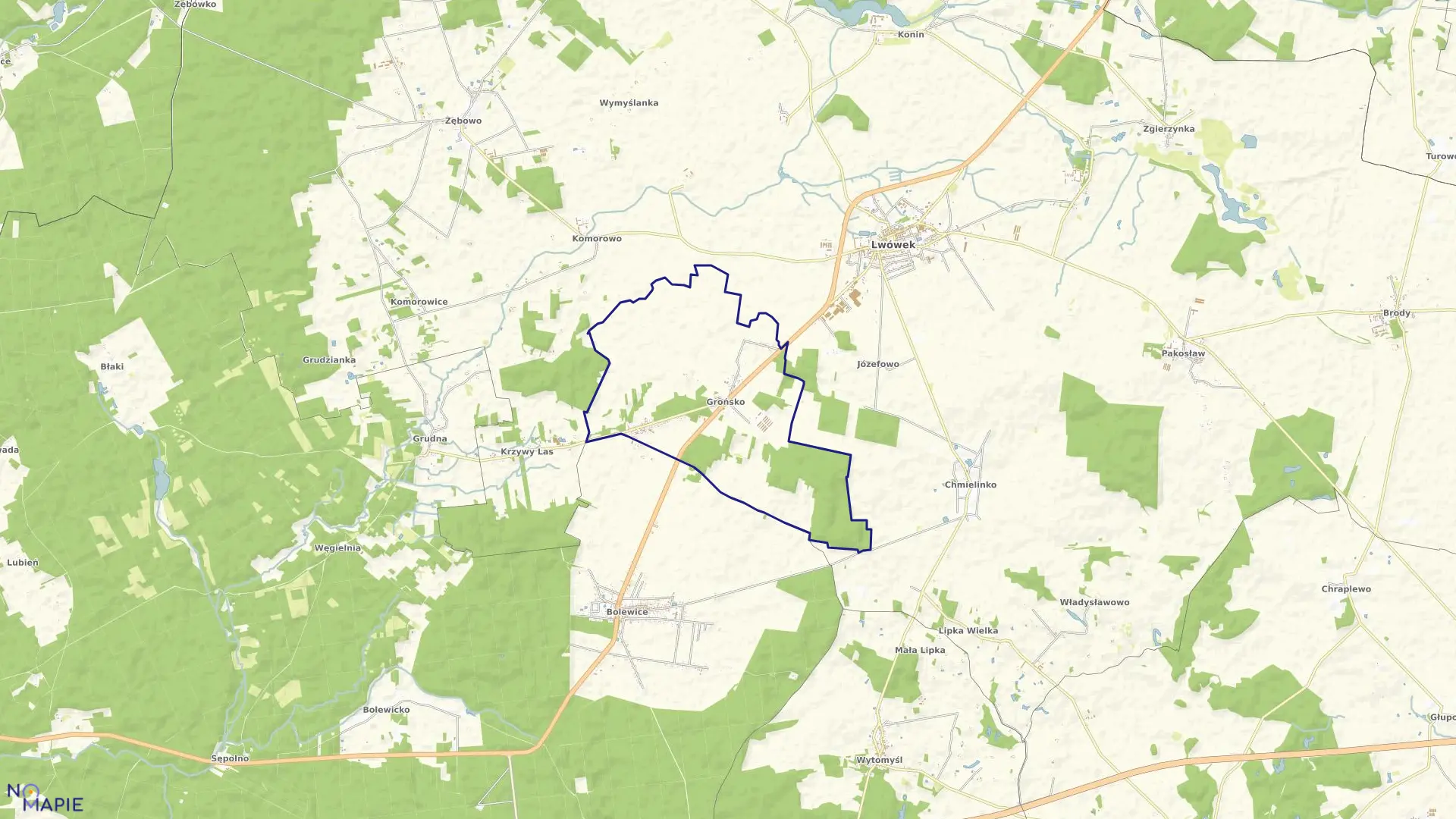 Mapa obrębu GROŃSKO w gminie Lwówek