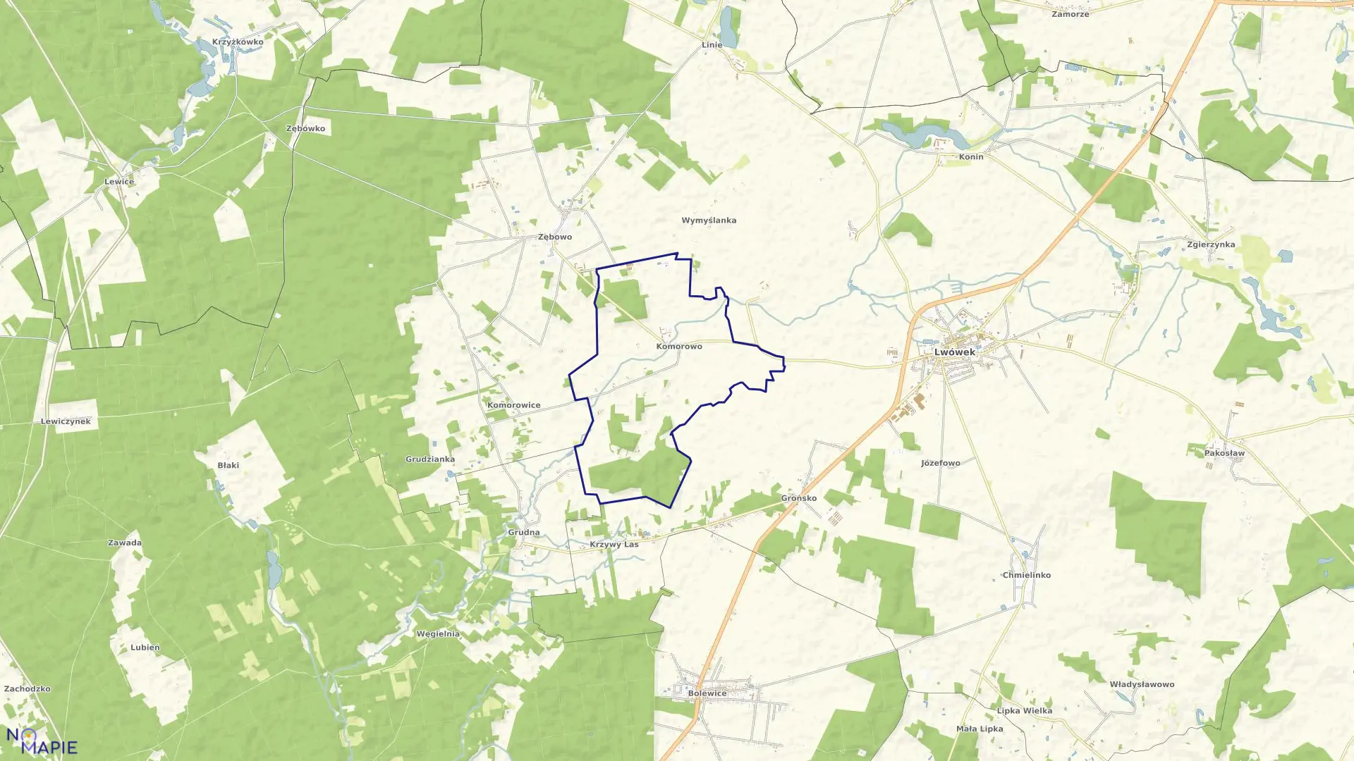 Mapa obrębu KOMOROWO w gminie Lwówek