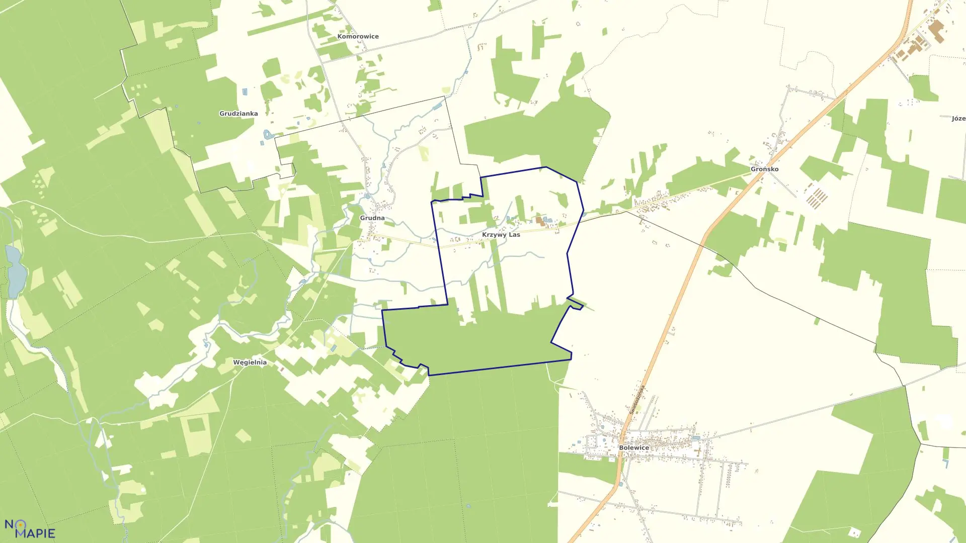 Mapa obrębu KRZYWY LAS w gminie Lwówek